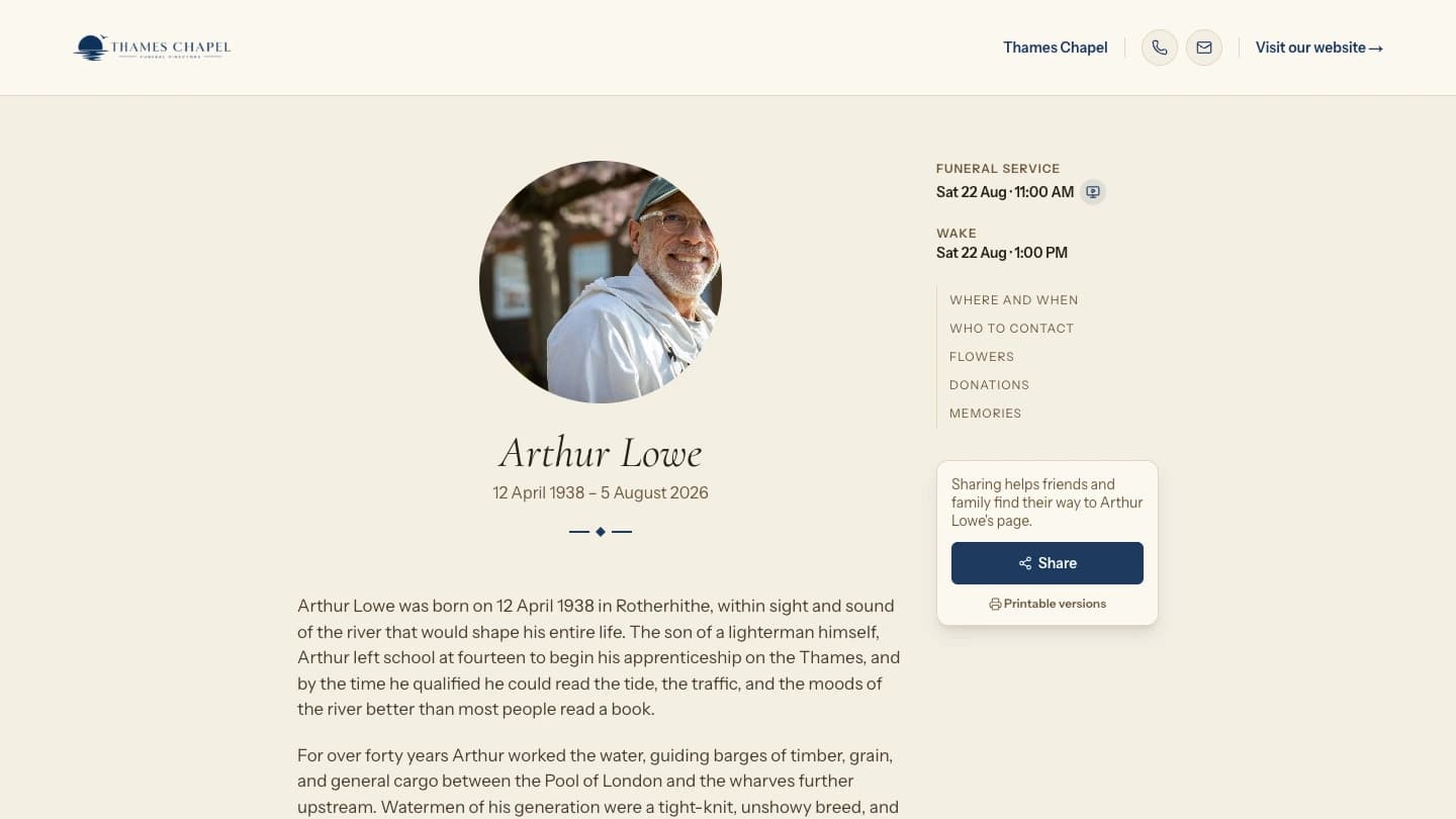 Arthur Lowe's Farewell Site, branded as Thames Chapel's own page.