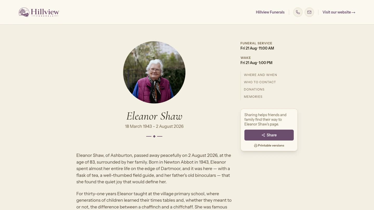 Eleanor Shaw's Farewell Site, branded as Hillview Funerals' own page.